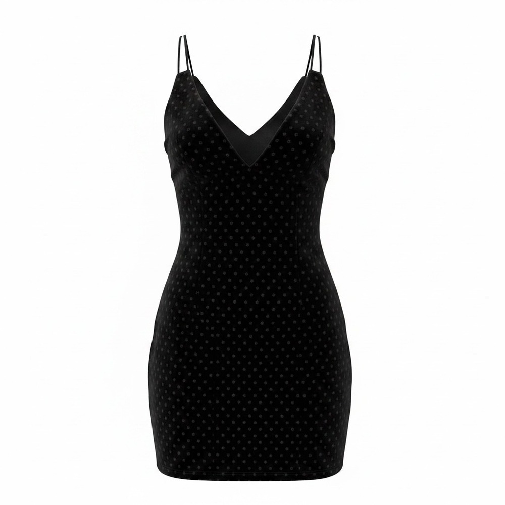 Express Dress Size Large Black Velvet Polka Dot V-Neck Strappy Back Mini Dress